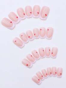 24pcs Square Press On Nail Stickers With Advanced French White Border And Red Heart Pattern Design, Suitable For Fake Nails, Including 1 Nail File And 1 Set Of Nail Stickers, Suitable For Women And Girls To Use, Suitable For Nail Decoration During Important Festivals And Gatherings Such As New Year And Valentine'S Day Nail Supplies - Multicolor - View 4