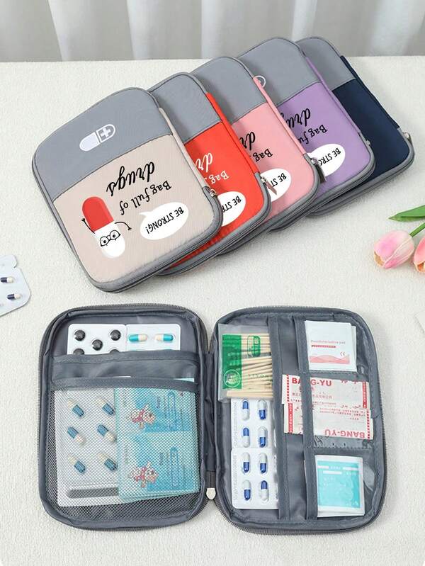 便携式药包，可爱药丸图案，便携式露营药包，小型急救包，旅行居家便携收纳包，小型药品包，方便携带的药包，应急包，多种颜色可选，适合日常/户外/旅行，注重健康且经常外出的人士必备，必备医疗配件，日常保健收纳包