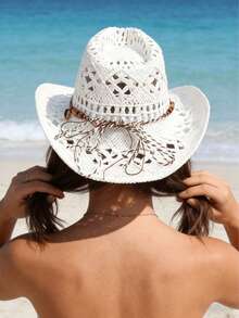 1pc Bohemian Solid Color Beaded Hollow Panama Straw Hat, Casual Protective Sunshade Hat, Fashion Versatile, Suitable For Outdoor Activities, Women's Country Hat, Suitable For All Seasons, Holiday Gift, Mother's Day Gift For Mom, Valentine's Day Gift - MZ3056+ML56 - View 4
