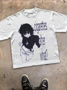 Y2KCHAOS (180g Pure Cotton T-Shirt) Men's T-Shirt Streetwear Style Casual Graphic Tee With Anime Character Print And Cigarettes After What Text Design For Young Adults And Urban Fashion Lovers - 白色 - 查看 2
