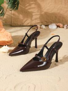 Zapatos de tacón alto para mujer, nuevos zapatos de tacón puntiagudos de material de PU con hebilla de metal ajustable y correa de tobillo de 9 cm, elegantes tacones de aguja, correa con hebilla de metal, zapatos formales de vestir marrones adecuados para uso diario, fiesta, Día de San Valentín, casual y versátil - Marrón - Ver 4