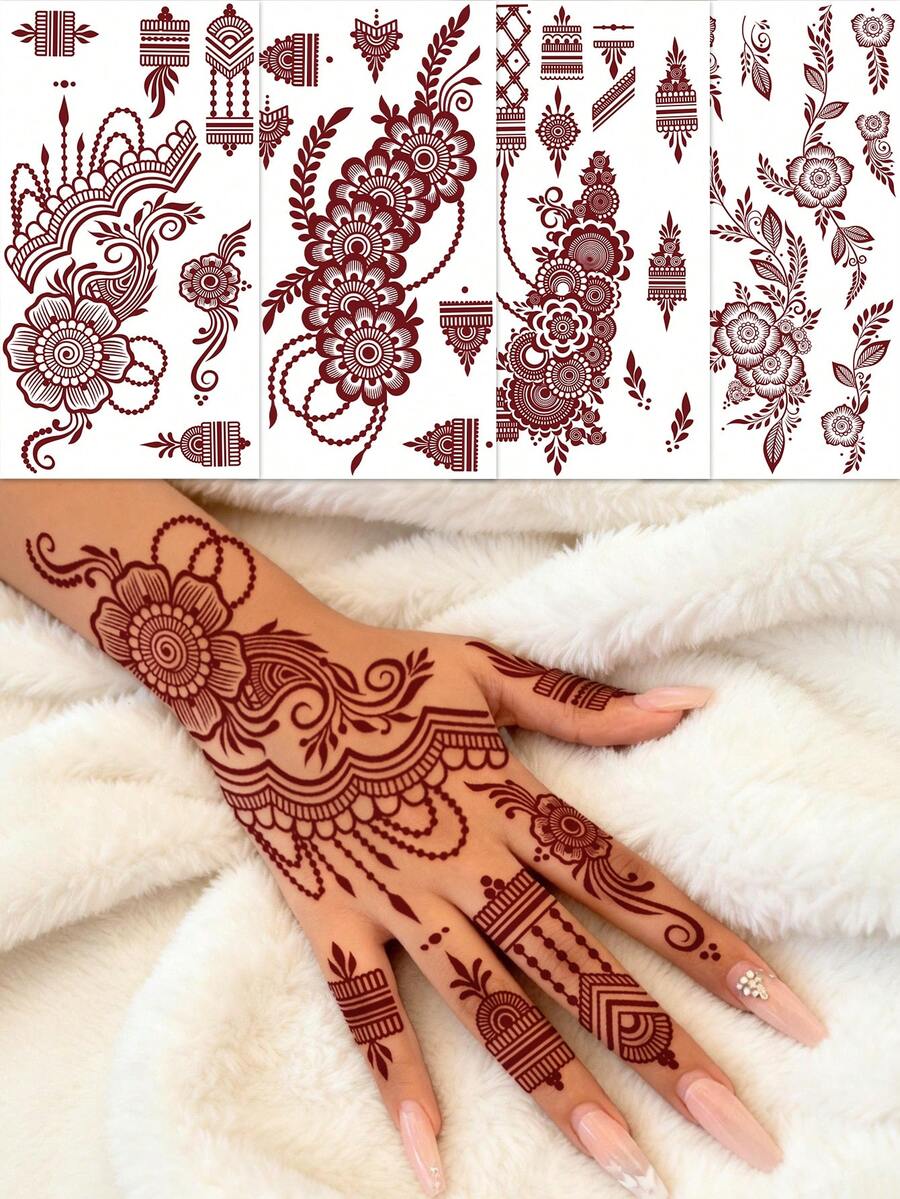 4pcs Full-Hand Floral Henna Tattoo Stickers, Brownish-Red Finger And Toe Tattoo Stickers, Women's Floral Henna Tattoo Stickers, Waterproof Reddish-Brown Body Art Tattoo Stickers, Body Makeup Art Tattoo Stickers, Red Tattoo Stickers Specially For Weddings And Parties. - Red - View 1
