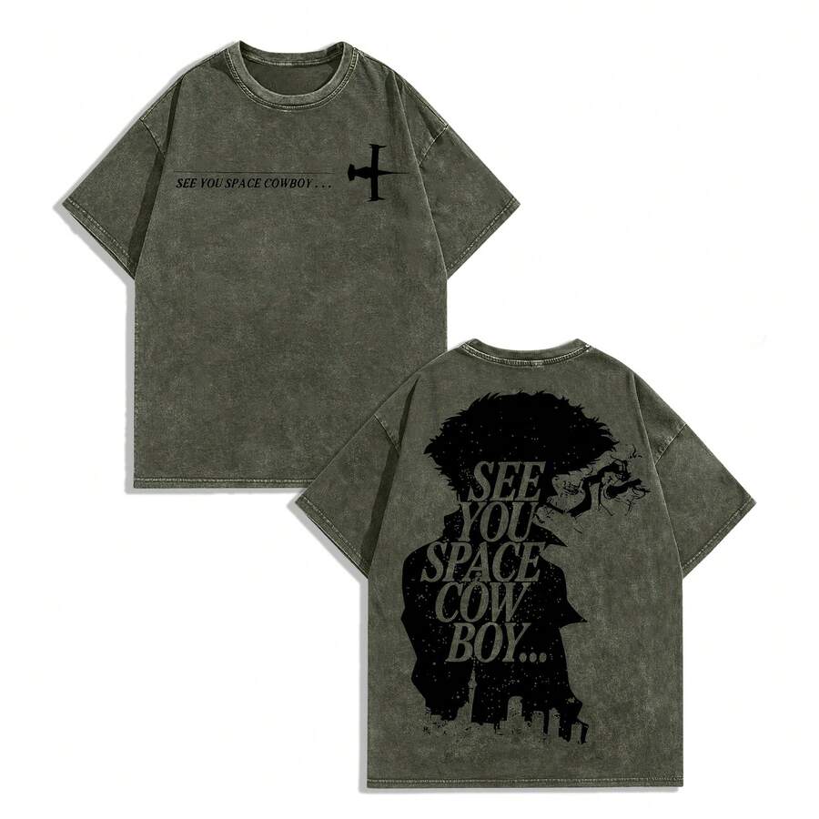 EWH Men Y2K Cowboy Bebop "See You Space Cowboy" Anime Graphic T-Shirt, 230g 100% Cotton Soft Oversized Tee For Streetwear & Anime Fans Gifts 004-AB - 軍綠色 - 查看 1
