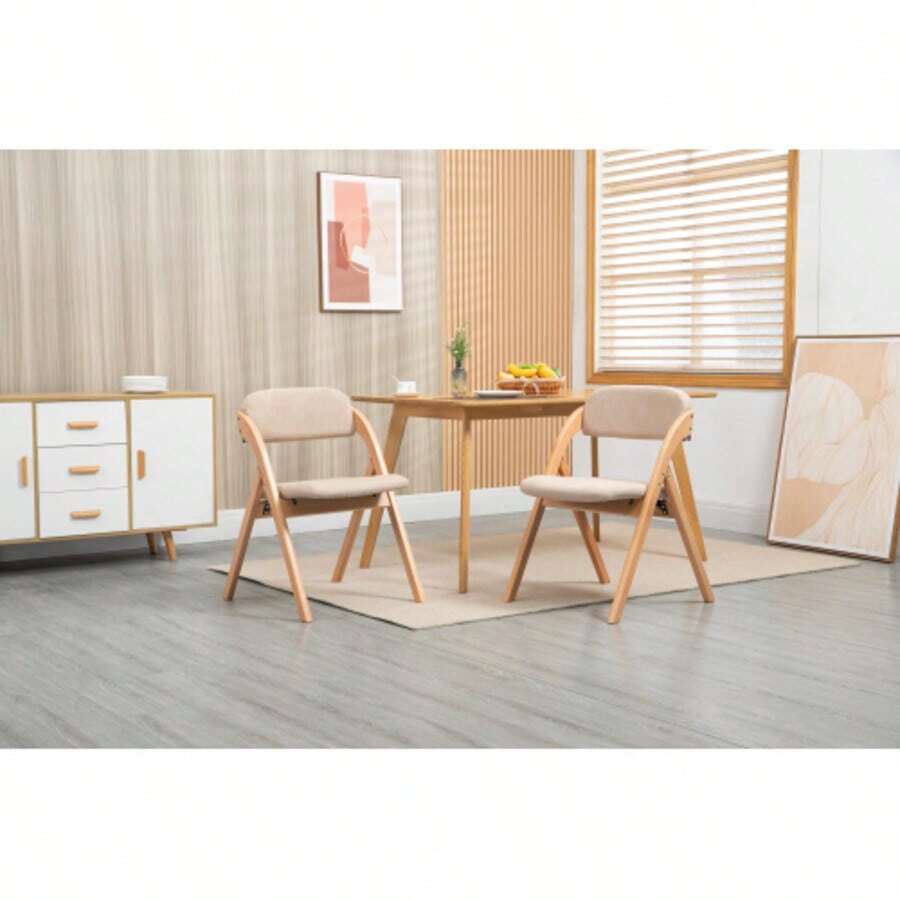 Homefun Folding Chair With Padded Seat, Wooden Dining Chair With Folding Lid, Set Of Two, Folding Chair With Removable Cover, Folding Guest Chair, Kitchen, Office, Wedding Party, Picnic, Khaki - 卡其色 - 查看 1