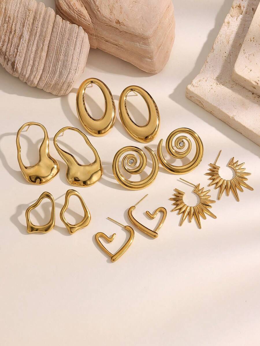 一对简约几何心形不锈钢耳钉，时尚独特，适合女性日常、派对和约会佩戴。 - 彩色 - 查看 1