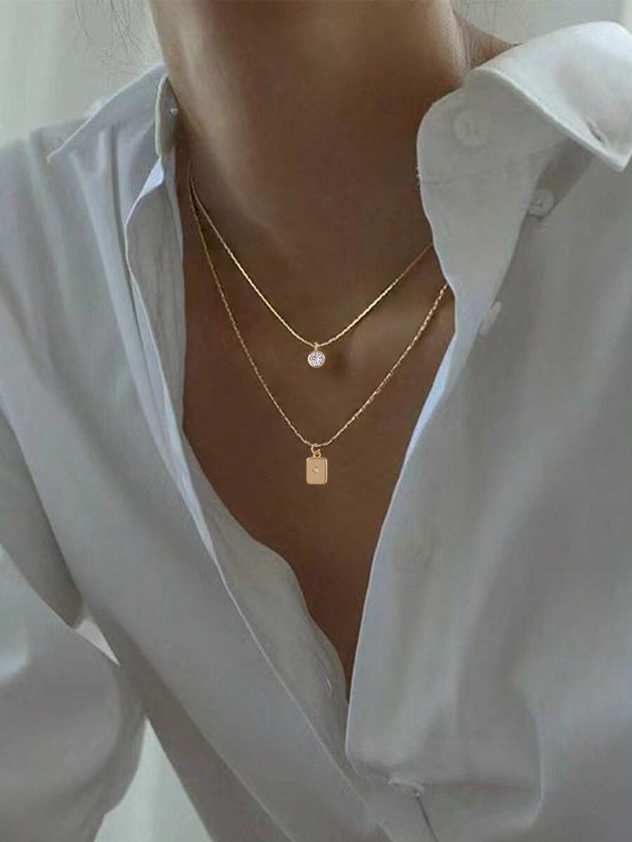 2pcs Women's Gold-Tone Cubic Zirconia Square Pendant Necklace, Fashionable Everyday Accessory, Gift - Yellow Gold - View 1