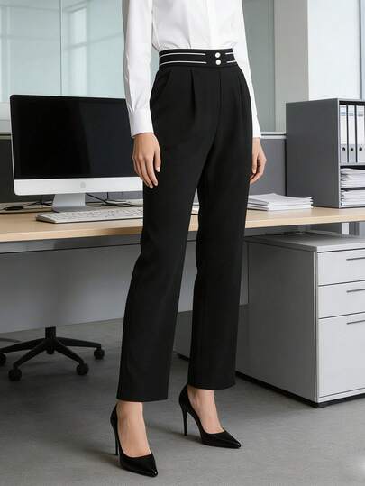 HOMEYEE Quần tây nữ thời trang phối sọc tương phản, có túi cài khuy, thích hợp cho công sở và đi làm.