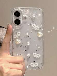 1GKT 3D Pearl Bow Glitter Epoxy Phone Case For IPhone 17 Pro Max 16 15 14 13 12 11 Pro Max Mini XR X XS Max 7 8 Plus Soft Silicone Cute Clear Luxury Silver Foil Cover - 無色 - 查看 8