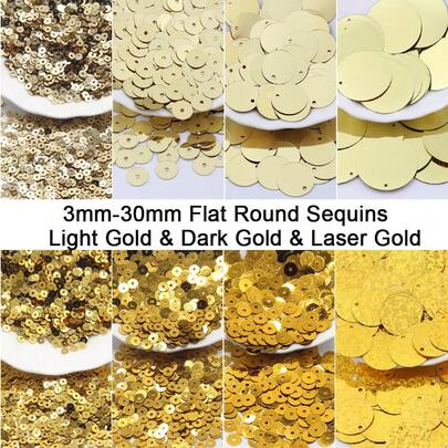 Light Gold Flat Round Sequin 3mm-30mm Laser Gold Sequins Large Loose Paillettes Craft For DIY Sewing Applique Knitting Jewelry Making Embroidery 20gram