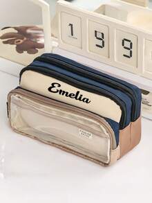 Personalized Large Capacity Pencil Case - Durable PVC Stationery Bag, Transparent Design, Customizable Name. This Stationery Organizer Is Suitable For School, Office And Travel Use, A Fashionable Zipper Pouch That Can Be Used As A Pencil Case Or Cosmetic Bag.