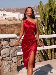 ADYCE 纯色褶皱装饰前开衩鸡尾酒会/约会之夜连衣裙，新年连衣裙