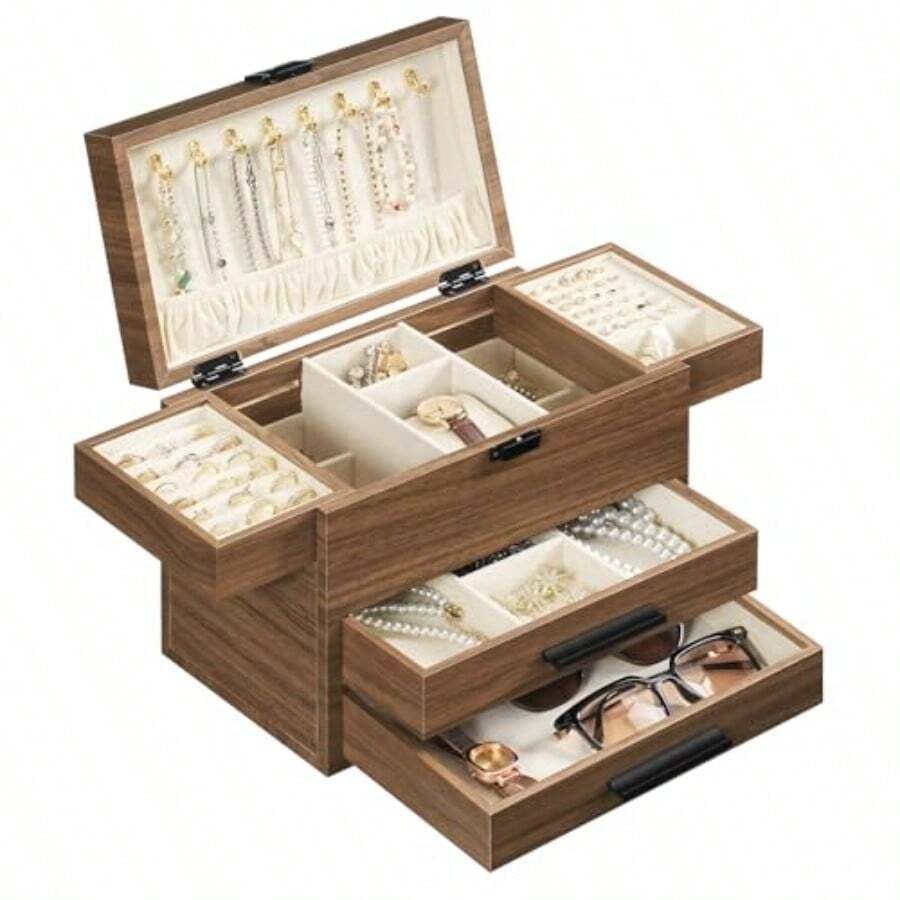 Wooden Jewelry Box For Women Girls 4-Layer Jewelry Organizer With Vertical Necklace Storage Large Jewelry Holder Organizer For Earrings Rings Bracelets Walnut BH23JB04 - 核桃 - 查看 1