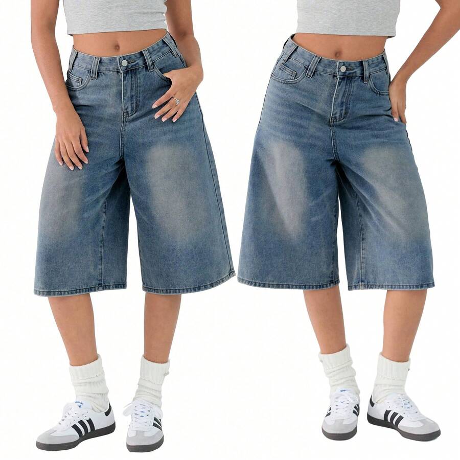 Valentine's Day Women Jean Jorts Baggy Loose Fit Jean Shorts 2026 Summer Wide Leg Long Denim Shorts Y2K Clothes - 藍色 - 查看 1