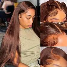 26 Inch 200% Density 13x4 Brown Color Straight Lace Front Wig Human Blended Hair Pre Cut HD Lace Front Human Blended Hair With Fiber Wigs No Glue Straight Hair Glueless Human Blended Hair Wigs With Natural Hairline Wear And Go Glueless Wigs Bone Straight #4 Human Hair Pre Plucked Ear To Ear - Brown - View 4