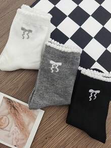 3 Pairs Women's Bow Decor Cute Socks, Casual School Style Lace Mid-Calf Socks - Multicolor - View 3
