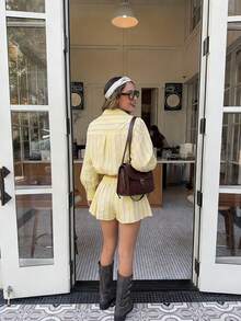 Sexy Retro Striped Long Sleeve Shirt And High Waist Shorts Set For Women - Yellow - View 2