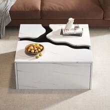 Living Room Coffee Table, 70 X 70 X 31 Cm, Geometric Cubic Design, Side Table With Drawer, Uniquely Shaped Marble Veneer Table, Coffee Table, Storage Table, Game Table - White - View 4