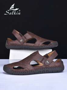 Salkin 新款设计师手工夏季男士凉鞋，价格亲民，奢华工艺，包头设计，多功能，稳固贴合，后跟带设计，平底防滑，经久耐穿，休闲百搭，适合户外、沙滩、钓鱼、散步等场合，柔软舒适透气的皮革材质，建议选购大一码。 - 紅棕色 - 查看 11