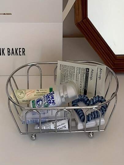 1pc Stainless Steel Storage Basket, Minimalist Hollow Line Design, Suitable For Vanity, Desktop Organization, Cosmetics And Photography Props