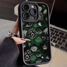 Fashion Green Abstract Eyes Pattern Case For IPhone 16 15 14 Pro Max 13 12 11 XR XS Plus Shockproof Full Camera Protection Durable Slim Silicone Cover,Suitable For IPhone17 Air - 黑色 - 查看 2