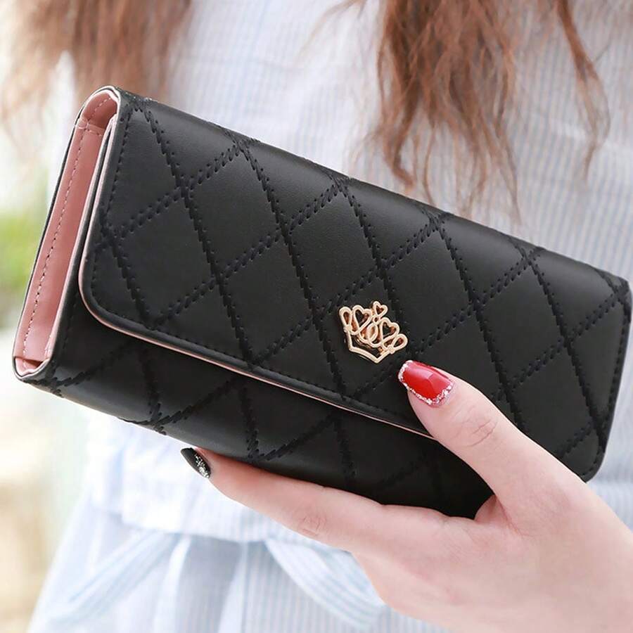 2026 Ny moderiktig lång plånbok för kvinnor, stor kapacitet, tunn läderplånbok med metalliskt kronmönster i rombmönster - Svart - Visa 1