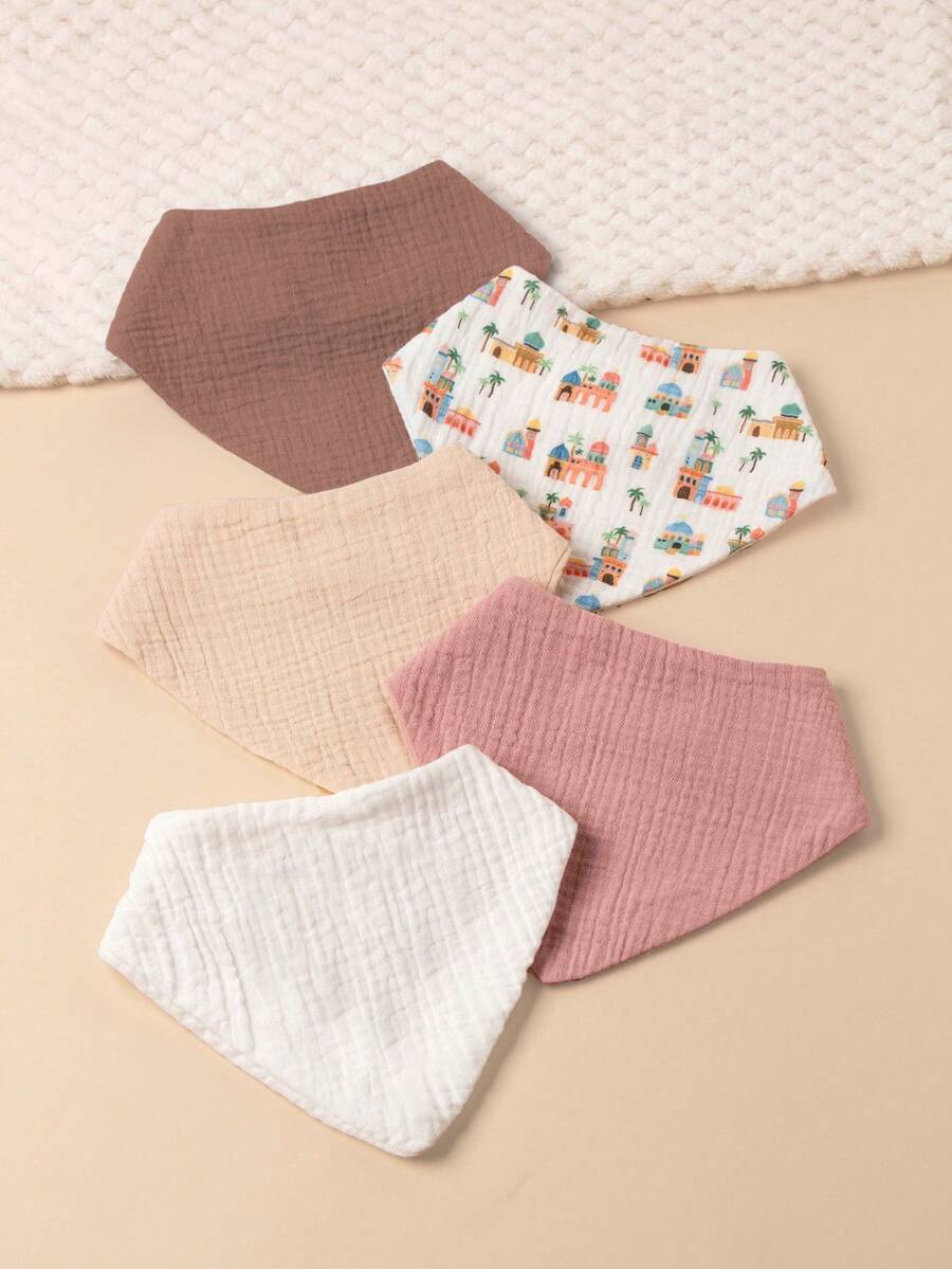 5pcs/Set Baby Bibs, Soft & Absorbent Triangle Burp Cloths, New Spring/Summer Crepe Fabric Drool Bibs, Baby Shower Gift - Multicolor - View 1