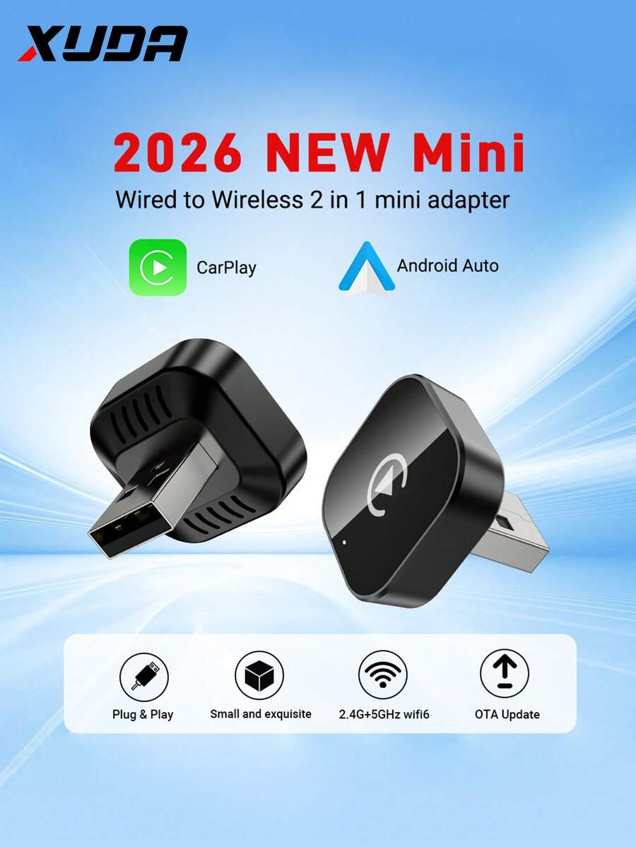 XUDA 2026 新款二合一无线 CarPlay/Android Auto 超迷你适配器 - 2.4-5.0 GHz WiFi 5 CarPlay 转换器，有线转无线，快速自动连接，零延迟，小巧设计，兼容 和 Android 设备，带 USB/USB-C 接口，不含电池 - A - 查看 1