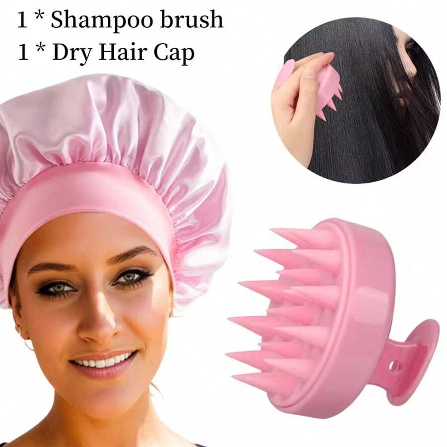2 Packs Silicone Shampoo Brushes Scalp Massage Combs, Women's Wide-Brimmed Hair Caps, Shower Caps, Household Shampooing Tools Gifts For Her/Romantic Gift/Love Gift/Couple Gift/Valentine Present/Valentine - Pink - View 1