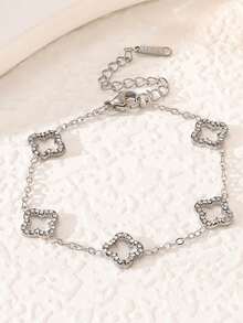 2026新款不锈钢闪亮四叶草水钻女士手链套装，时尚耐用防水防褪色，圣诞节和情人节送给母亲和女儿的礼物 - 銀色 - 查看 3