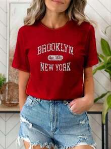 Women's Basic NY T-Shirt Premium Cotton Knit - 紅色 - 查看 2