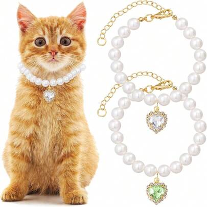 2pcs Luxury Hip Hop Style Pet Necklace, Dog Faux Pearl Necklace With Heart Pendant, Pet Collar Accessories, Suitable For Daily Wear And Parties