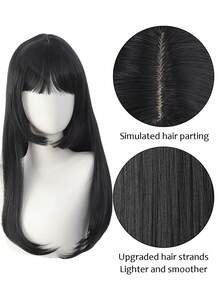 Peluca negra recta de 24 pulgadas de largo con flequillo, corte de princesa, cabello sintético natural para mujeres para cosplay y uso diario - Multicolor - Ver 9