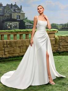 Elasola French Minimalist Satin Short Train Lightweight Outdoor Lawn Wedding Dress For Registry White Spring - White - View 9