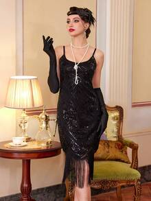 1920s Fringe Sequin Flapper Dress Set - Black - View 4