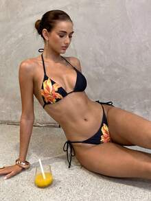 4pcs/Set Sexy Printed Triangle Neck Top And Panty Suit, Fashionable European And American Style For Women, Summer - Multicolor - View 3