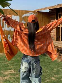 Retro American Orange Plaid Lightweight Loose Long Sleeve Shacket For Women, Summer - Orange - View 3