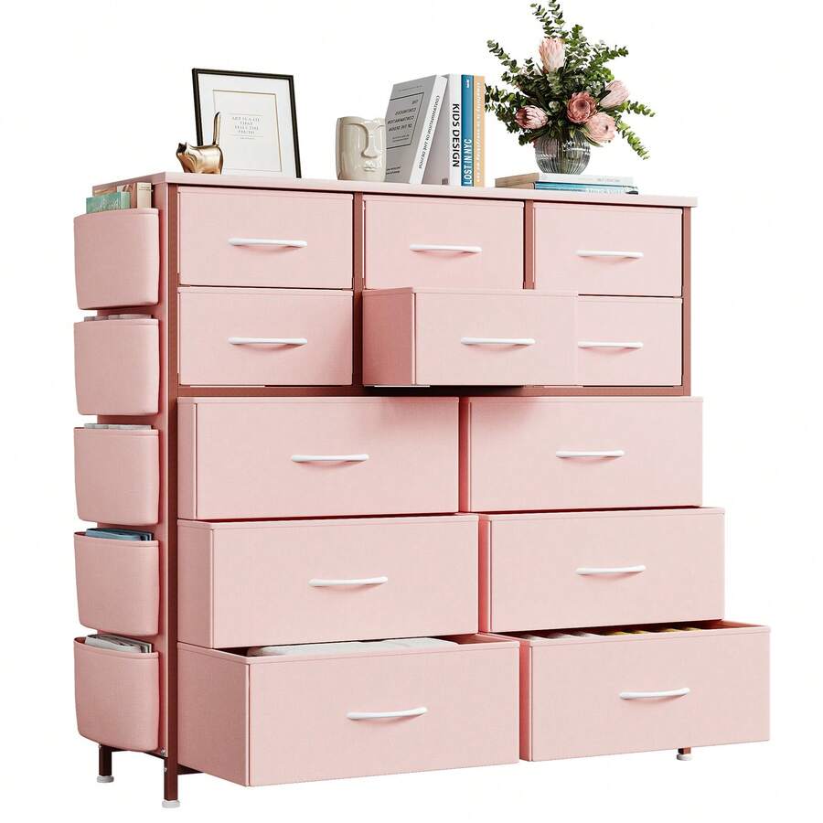 Cómoda Organizadora de Tela con 12 Cajones, Gavetero para Recámara con Bolsillos Laterales, Mueble de Almacenamiento Ligero para Clóset, Sala y Pasillo - Rosa - Ver 1