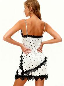 Women Summer Outfit Dot Print Lace Trim Spaghetti Strap Asymmetrical Tops And Shorts 2 Piece Casual Set - trắng - Xem 3