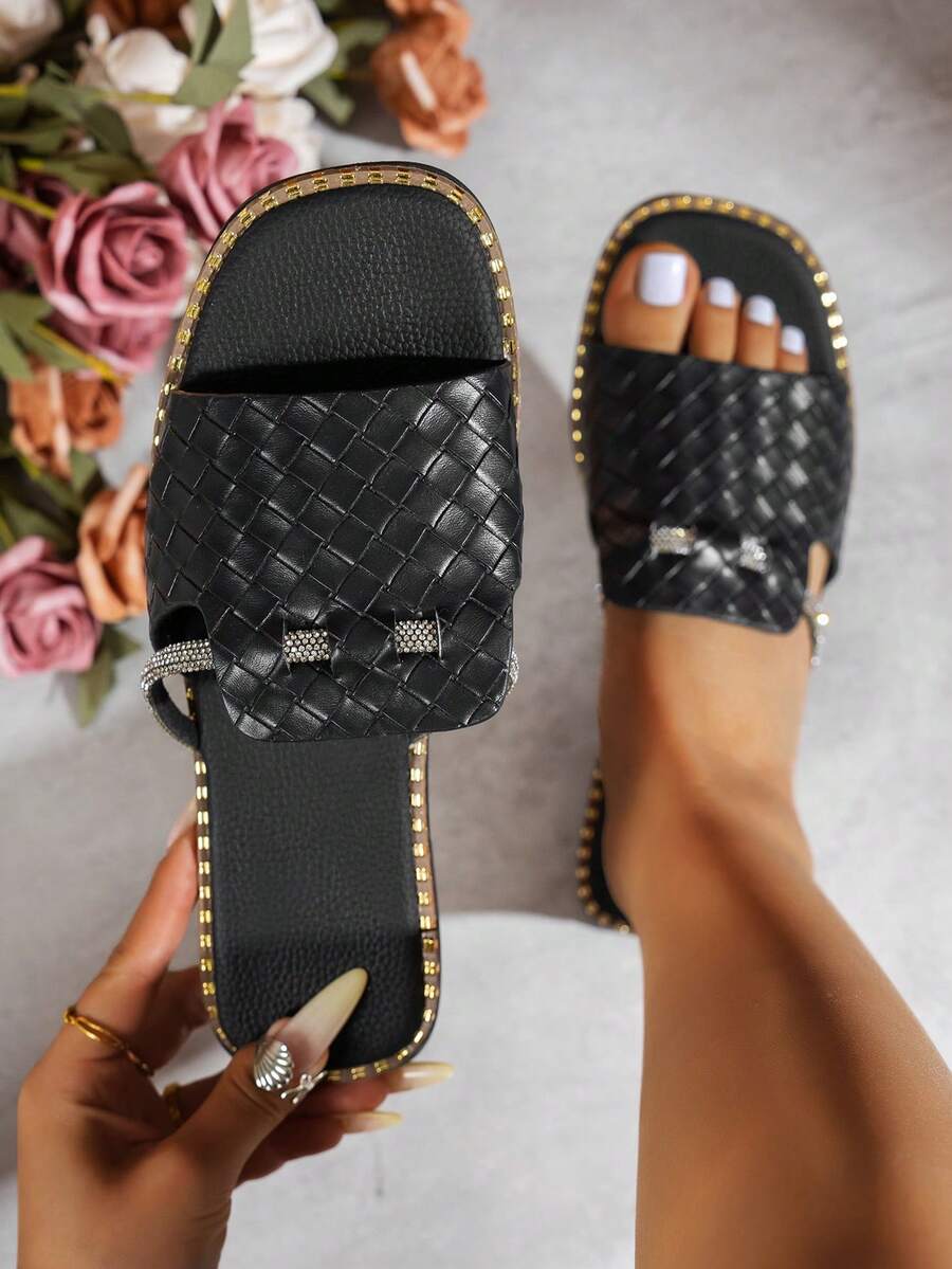 Women's New Woven PU Leather Rhinestone Strap Square Toe Flat Sandals, Vacation Style, Black, Suitable For Summer - Black - View 1