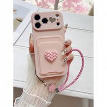 High-Quality Cute Solid Pink Phone Case, Minimalist With Girly Style And Woven Heart Design. This Card Holder Phone Case Boasts An Ultra-Slim Wallet Design, And The Wallet Part Is DIY-Friendly And Detachable. A Perfect New Year Themed Phone Case And Ideal As A New Year Gift. Compatible With Apple, - Pink - View 2