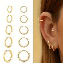 8件套纯不锈钢圆形耳环套装，男女通用，可叠戴18K镀金迷你耳夹 - Ear Studs - 查看 6