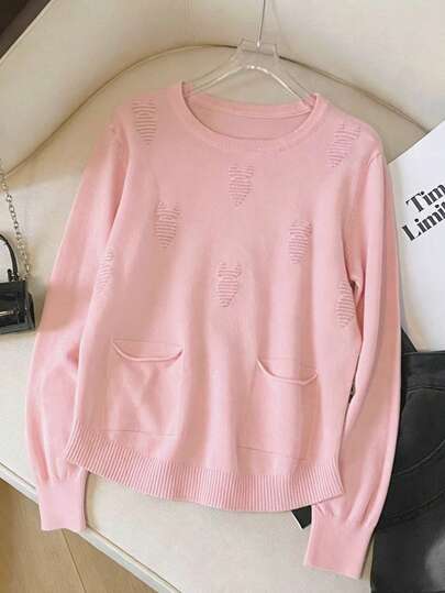 Soft & Cozy Casual Versatile Solid Color Double Pocket Crew Neck Sweater
