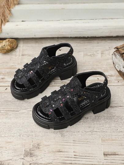 1双女童闪亮心形复古罗马凉鞋，高品质柔软厚底设计，适合3-15岁女童学生夏季海滩假期节日穿着