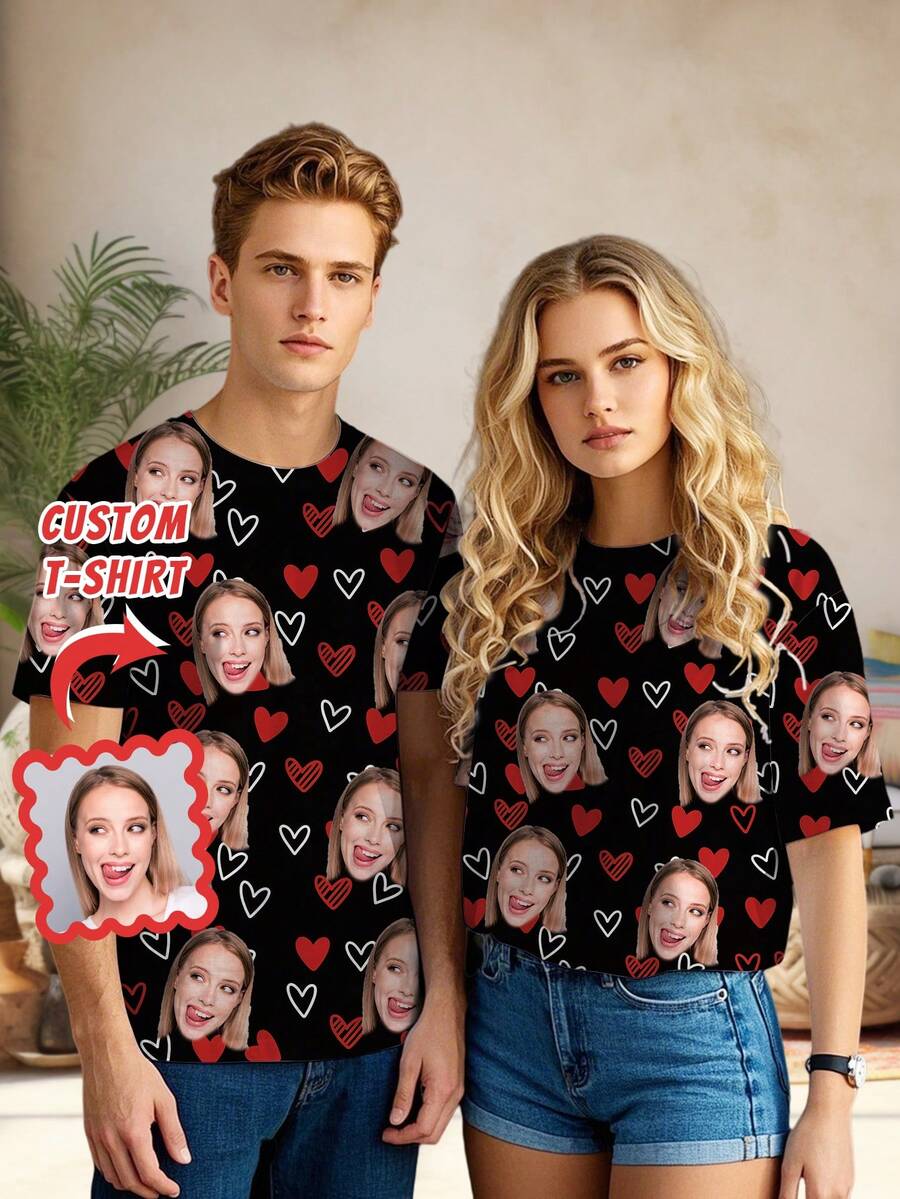 情人节定制趣味表情男士T恤，男士短袖T恤，饰有红色爱心 - 独特表情设计，情侣款，打造独一无二的情人节礼物送给家人和朋友 - 彩色 - 查看 1