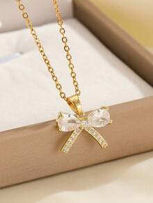 一套不锈钢立方氧化锆蝴蝶吊坠项链和耳环首饰套装，多功能微镶奢华个性化配饰，适合日常生活/派对/节日/生日/情人节/斋月，礼品首饰 - 蝴蝶結-均碼 - 查看 2