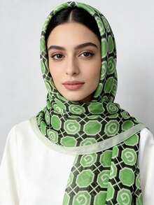 1pc Green Grid Pattern Women Hijab,Elegant And Breathable Suitable For Autumn Casual Clothing And Dresses Combinations - Green - View 1