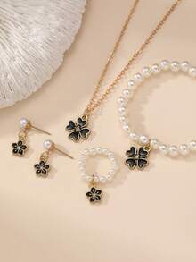 5pcs/Set Girls Flower & Pearl Necklace, Earrings, Ring, Bracelet Jewelry Set - Black - View 2