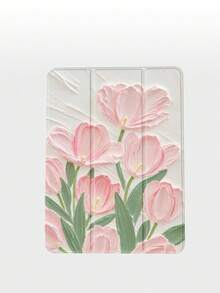 1pc Painting Style Pink Tulips Pattern Tablet Protective Case, Compatible With IPad 10.2", IPad Pro 2021/2020, IPad 9/10 Gen, Galaxy Tab A8 10.5" 2022, Matepad 10.4/Tab, , Anti-Drop, With Pencil Slot, Sleep/Wake Support - Multicolor - View 6
