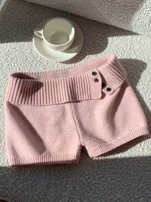 Women's Ribbed Y2k Knit Bodycon Mini Skirts Low Waist Button Decor Fold Over Spring Fall Skirt - Pink - View 2