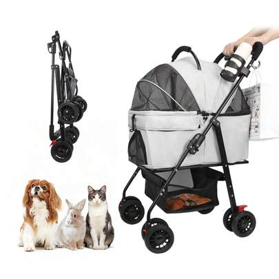 【ペットと、もっとお出かけ楽しむ！】 ペットカート 分離式 犬 カート 3WAY 犬用 ベビーカー ペットバギー ワンタッチ折り畳み 対面式 フルオープン 前輪360°回転 後輪ブレーキ付 耐荷重20kg 多頭の小型犬&猫 中型犬一匹用 お出かけ 散歩 キャンプ カップホルダー、フック付き グレー